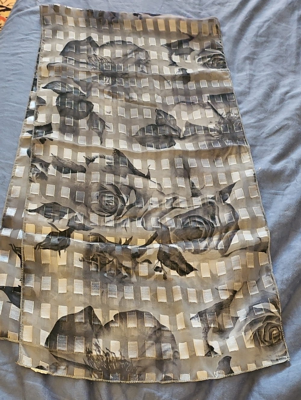 Floral Sheer Window Scarf Panel in Gray and White